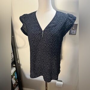 Ann Taylor Navy and White Polka Dot Blouse with Ruffle Sleeve V-neck Size S